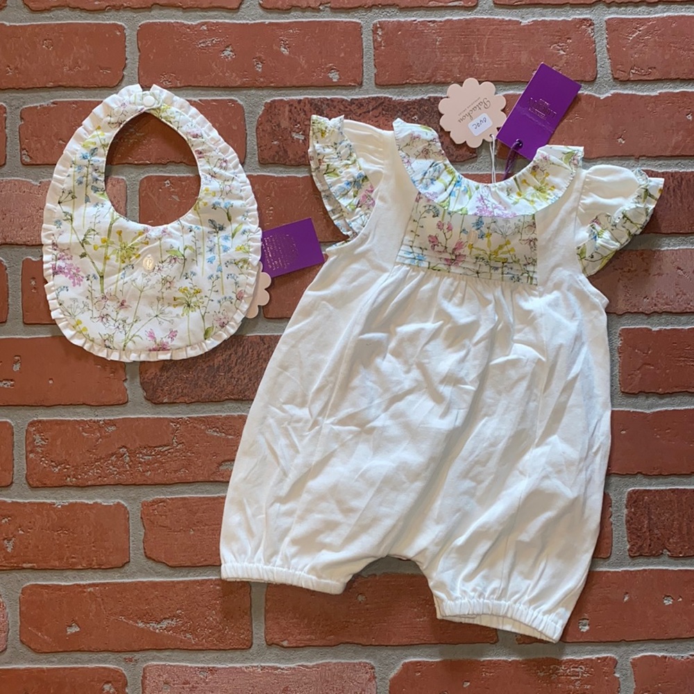 Patachou babygirl NWT floral white romper with matching bib set